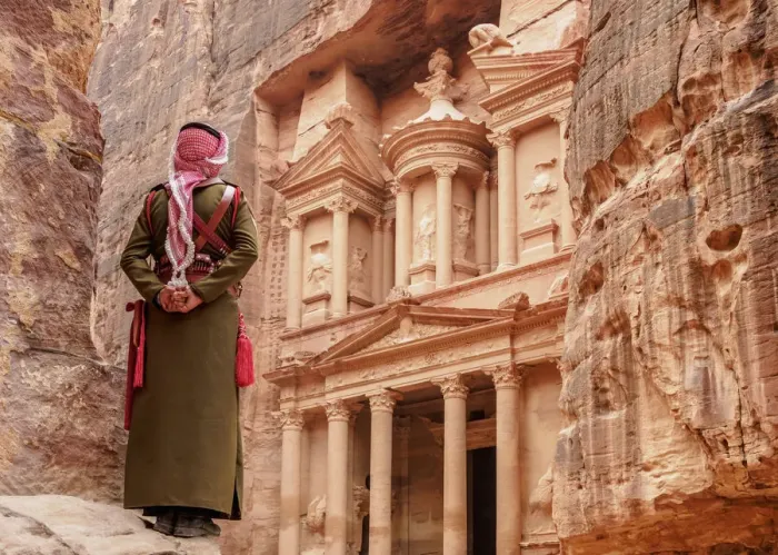 Framed Print : Jordanian Army Soldier in front of The Treasury, Al-Khazneh, Petra, Ma an Governorate Framed Print : Jordanian Army Soldier in front of The Treasury, Al-Khazneh, Petra, Ma an Governorate