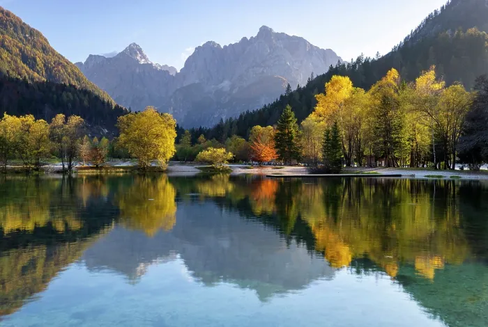 Framed Print : Julian Alps and trees reflecting in Lake Jasna in autumn, near Kranjska Gora, Slovenia Framed Print : Julian Alps and trees reflecting in Lake Jasna in autumn, near Kranjska Gora, Slovenia