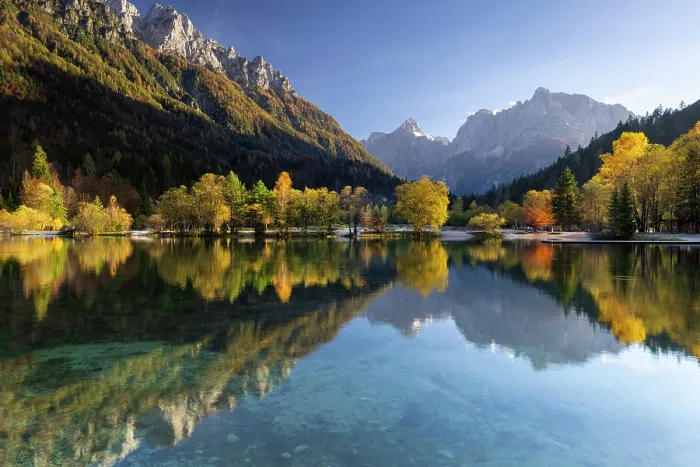 Framed Print : Julian Alps and trees reflecting in Lake Jasna in autumn, near Kranjska Gora, Slovenia Framed Print : Julian Alps and trees reflecting in Lake Jasna in autumn, near Kranjska Gora, Slovenia