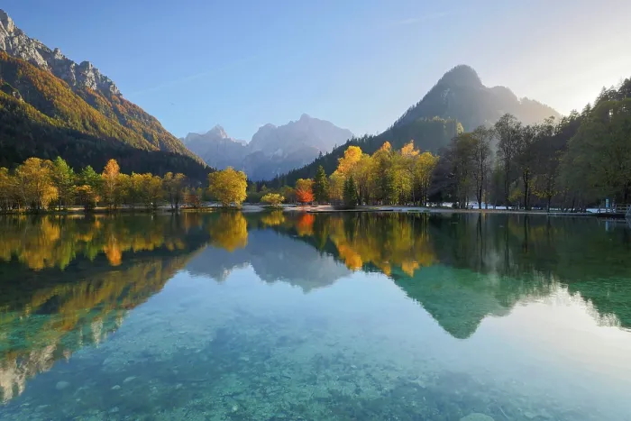 Framed Print : Julian Alps and trees reflecting in Lake Jasna in autumn, near Kranjska Gora, Slovenia Framed Print : Julian Alps and trees reflecting in Lake Jasna in autumn, near Kranjska Gora, Slovenia