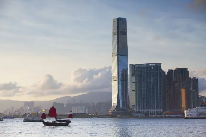 Framed Print : Junk boat passing International Commerce Centre (ICC), West Kowloon, Hong Kong Framed Print : Junk boat passing International Commerce Centre (ICC), West Kowloon, Hong Kong