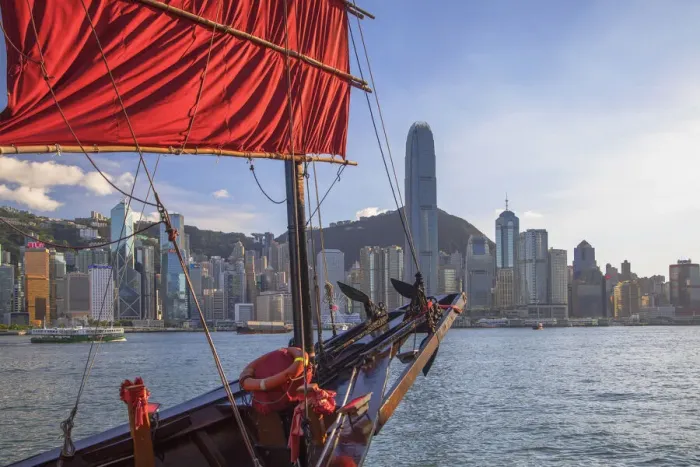 Framed Print : Junk boat and skyline of Hong Kong Island, Hong Kong Framed Print : Junk boat and skyline of Hong Kong Island, Hong Kong