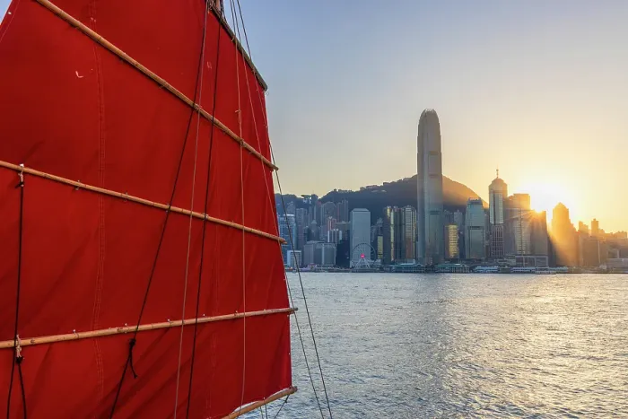 Framed Print : Junk boat and skyline of Hong Kong Island, Hong Kong Framed Print : Junk boat and skyline of Hong Kong Island, Hong Kong