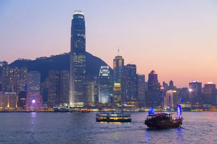 Framed Print : Junk boat in Victoria Harbour at dusk, Hong Kong Island, Hong Kong Framed Print : Junk boat in Victoria Harbour at dusk, Hong Kong Island, Hong Kong