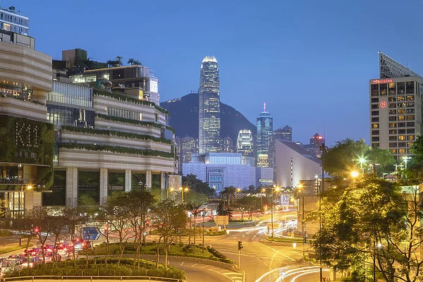 K11 Atelier and Hong Kong Island skyline at dusk, Tsim Sha Tsui, Kowloon, Hong Kong
