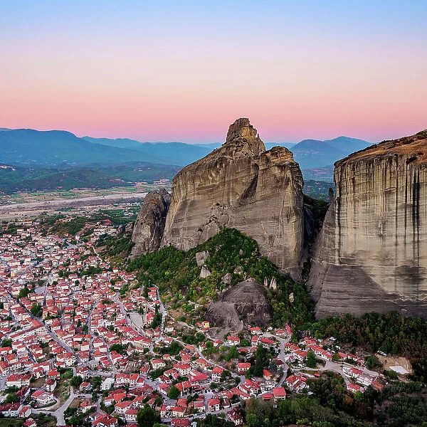 Kalabaka at dawn, elevated view, Meteora, Thessaly, Greece