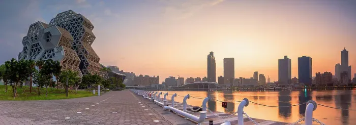Framed Print : Kaohsiung Music Center Coral Zone and Glory Pier at sunrise, Kaohsiung, Taiwan