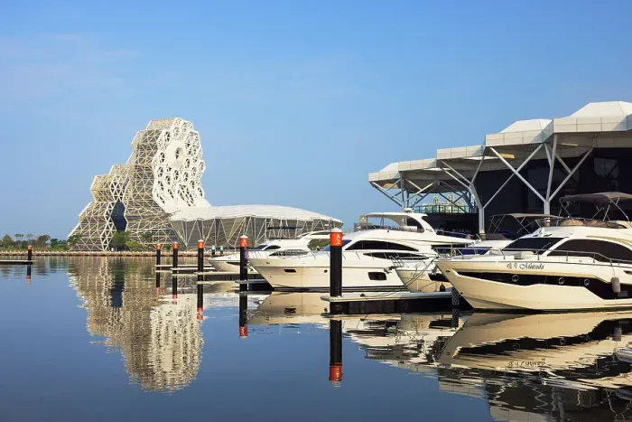 Framed Print : Kaohsiung Music Centre and boats moored at Glory Pier, Kaohsiung, Taiwan
