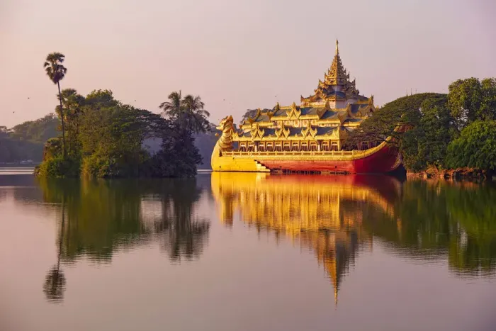 Framed Print : The Karaweik boat reflected in the waters of the Kandwagyi Lake in Yangon, Myanmar Framed Print : The Karaweik boat reflected in the waters of the Kandwagyi Lake in Yangon, Myanmar