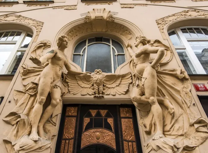 Framed Print : The Karel Masek House impressive doorway in art nouveau style, Old Town or Stare Mesto