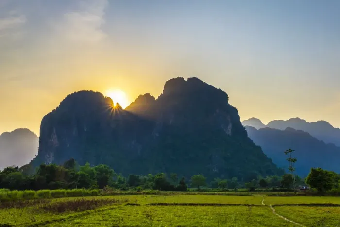 Framed Print : Karst landscape at sunset, Vang Vieng, Vientiane Province, Laos Framed Print : Karst landscape at sunset, Vang Vieng, Vientiane Province, Laos