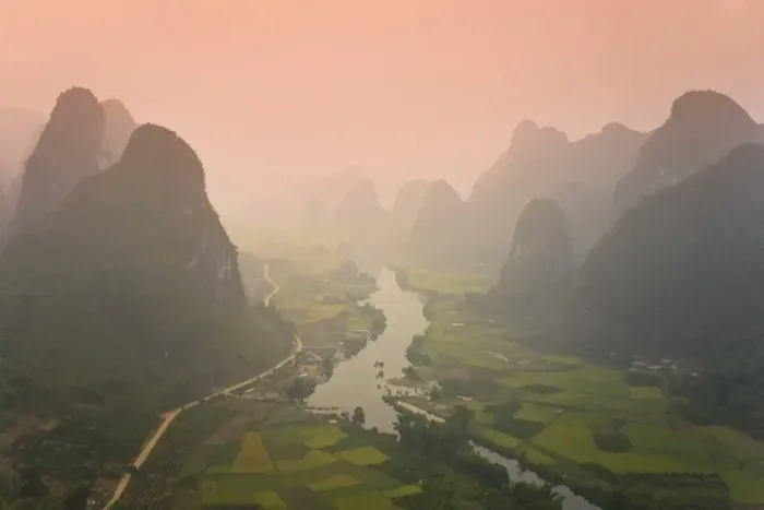 Framed Print : Karst Mountain Landscape & Li River from hot air balloon Framed Print : Karst Mountain Landscape & Li River from hot air balloon