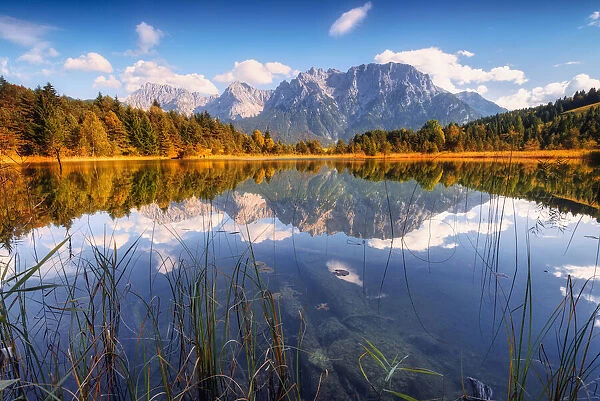Karwendel range reflected in Lake Luthensee, Alps, Werdenfelser Land, Mittenwald, Bavaria