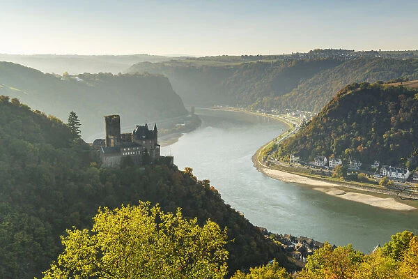 Katz castle and river Rhine, in St Goarhausen, Rhineland-Palatinate, Rhineland, Germany