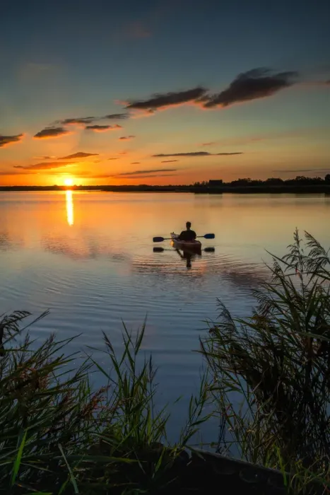 Framed Print : Kayaker at Sunset, Norfolk Broads National Park, Norfolk, England