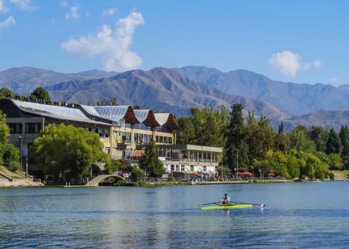 Framed Print : Kayakers on the lake with Andes in the background, General San Martin Park, Mendoza Framed Print : Kayakers on the lake with Andes in the background, General San Martin Park, Mendoza