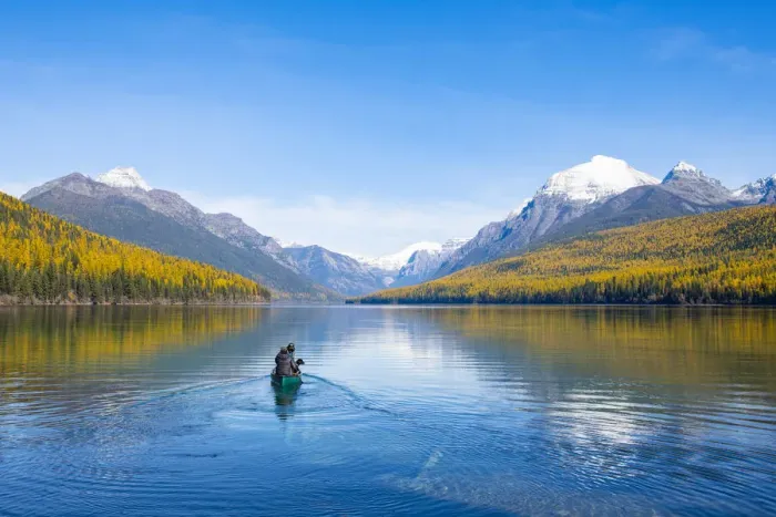 Framed Print : Kayaking on Bowman Lake, Glacier National Park, Montana, USA