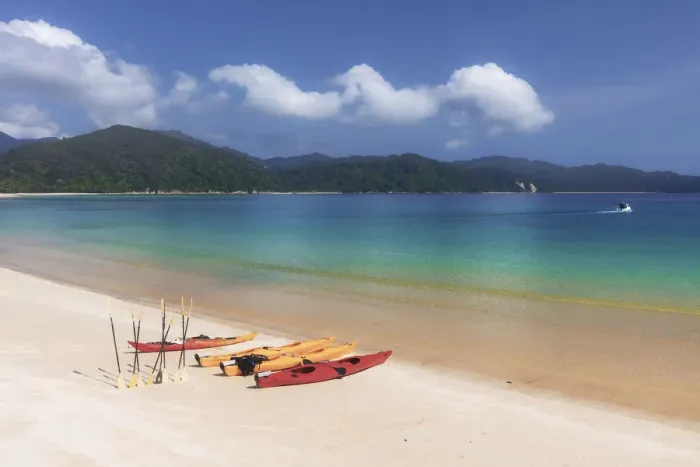 Framed Print : Three kayaks on the beach at Awaroa Inlet along the Abel Tasman national park Framed Print : Three kayaks on the beach at Awaroa Inlet along the Abel Tasman national park