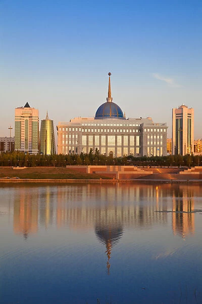 Kazakhstan, Astana, City skyline reflecting in Isahim River