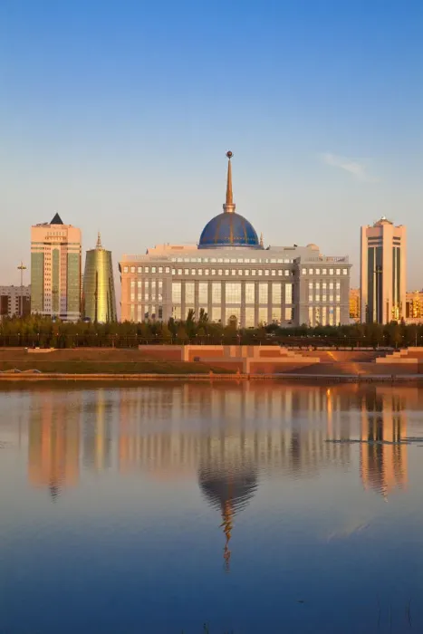 Framed Print : Kazakhstan, Astana, City skyline reflecting in Isahim River Framed Print : Kazakhstan, Astana, City skyline reflecting in Isahim River
