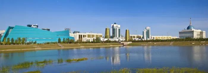 Framed Print : Kazakhstan, Astana, City skyline reflecting in Isahim River Framed Print : Kazakhstan, Astana, City skyline reflecting in Isahim River