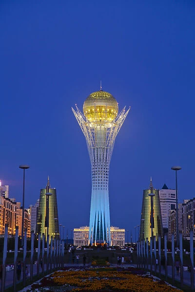 Kazakhstan, Astana, Nurzhol Bulvar - Bayterek Tower and the twin golden conical business