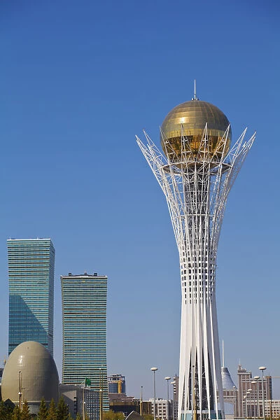 Kazakhstan, Astana, Nurzhol Bulvar - central boulevard, Bayterek Tower and to the