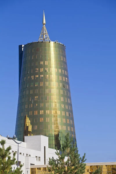 Kazakhstan, Astana, Twin golden-green, conical business centre