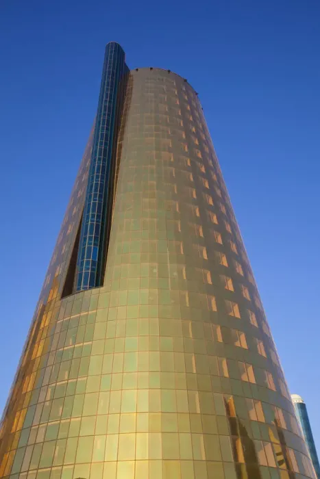Framed Print : Kazakhstan, Astana, Twin golden-green, conical business centre Framed Print : Kazakhstan, Astana, Twin golden-green, conical business centre