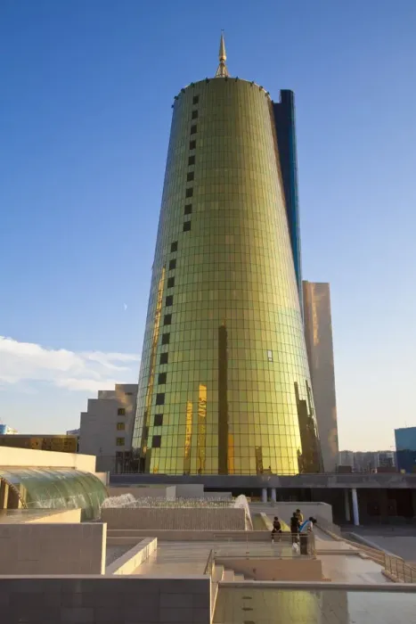Framed Print : Kazakhstan, Astana, Twin golden-green, conical business centre