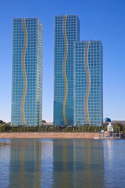 Kazakhstan, Astana, View of appartment buildings reflecting in Ishim River
