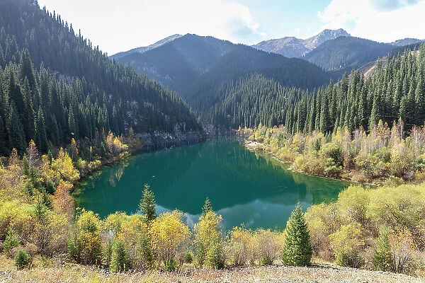 Kazakhstan, Kolsay lakes National park, lake Kaindy in the autumn