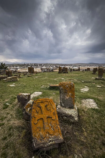 Khachkars in the the historical cemetery of Noratus near Lake Sevan, Armenia