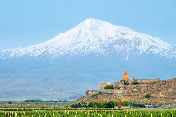 Khor Virap monastery and Mount Ararat at sunrise, near Lusarat, Ararat Province, Armenia
