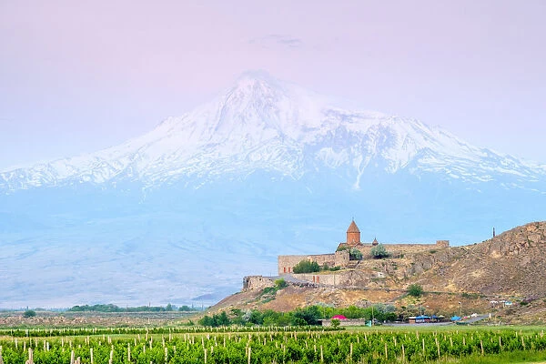 Khor Virap monastery and Mount Ararat at sunrise, near Lusarat, Ararat Province, Armenia