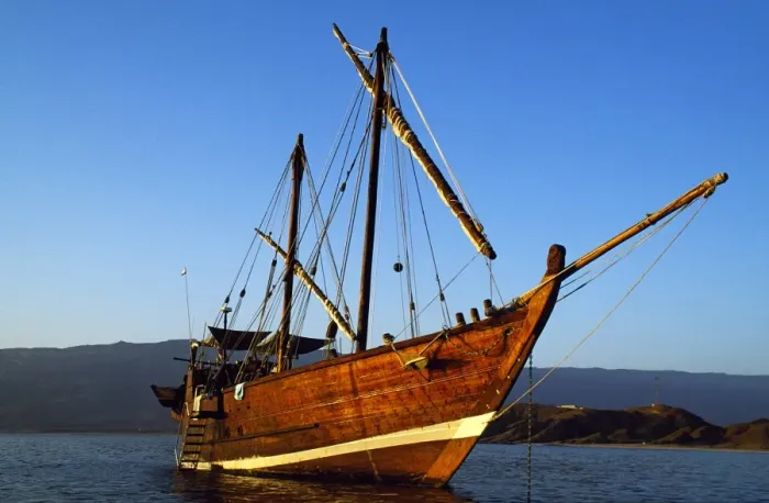 Framed Print : The khotiya-type dhow Sanjeeda at anchor off Mirbat, Oman