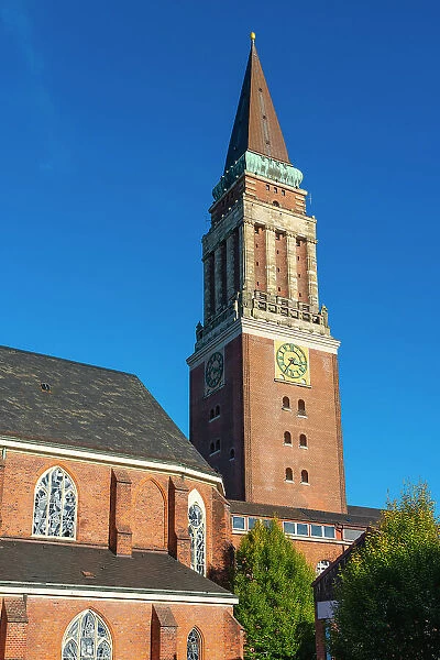 Detail of Kiel Town Hall Tower against clear sky, Kiel, Schleswig-Holstein, Germany