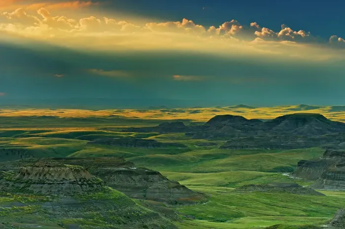 Framed Print : Killdeer Badlands at sunset with approaching storm. East Block. Grasslands National Park Saskatchewan, Canada Framed Print : Killdeer Badlands at sunset with approaching storm. East Block. Grasslands National Park Saskatchewan, Canada