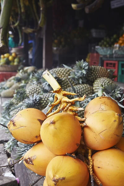 King coconuts at fruit stall in market, Galle, Sri Lanka