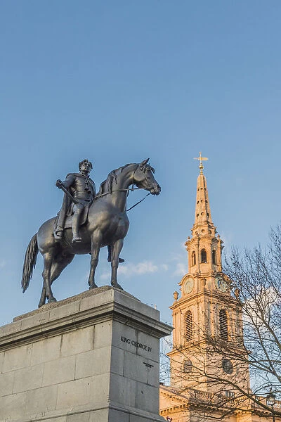 King George IV statue and St Martin in the Fields church in Trafalgar Square, London