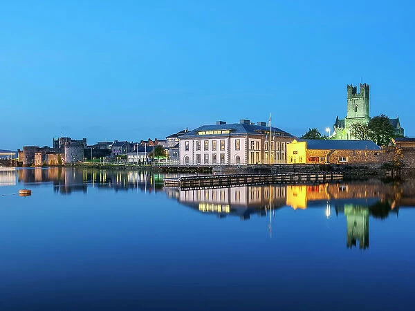 King John's Castle and Saint Mary's Cathedral reflecting in River Shannon at dusk, Limerick, County Limerick, Ireland