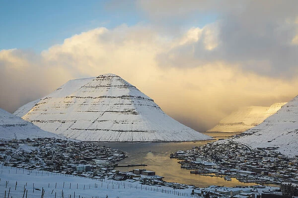 Klaksvik covered by snow. In the background the island of Kunoy. Borðoy, Faroe Islands