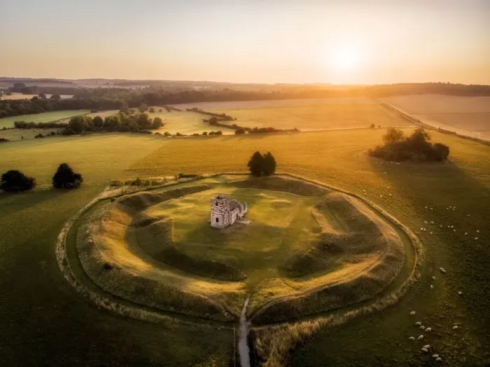 Framed Print : Knowlton Church and earthworks from the air at sunrise, Knowlton, Dorset, England, UK Framed Print : Knowlton Church and earthworks from the air at sunrise, Knowlton, Dorset, England, UK