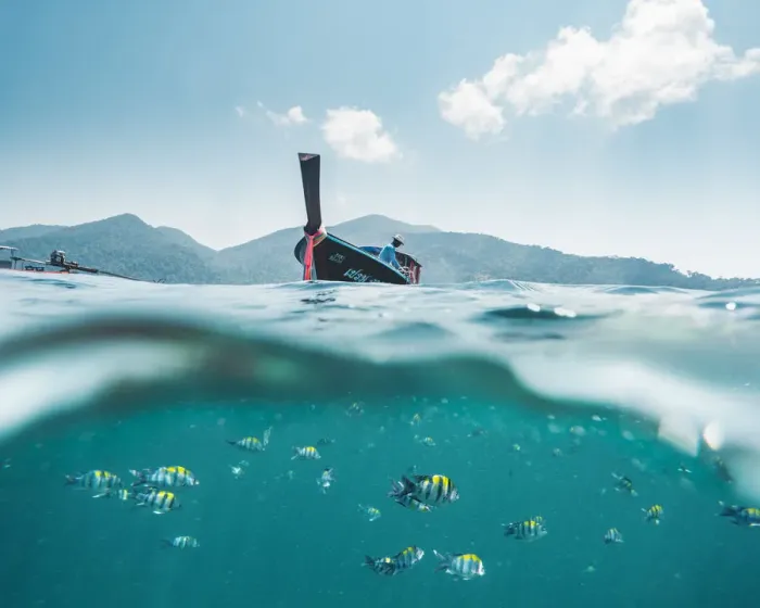 Framed Print : Ko Lipe, Satun Province, Thailand. Split image of long tail boat and colorful fishes