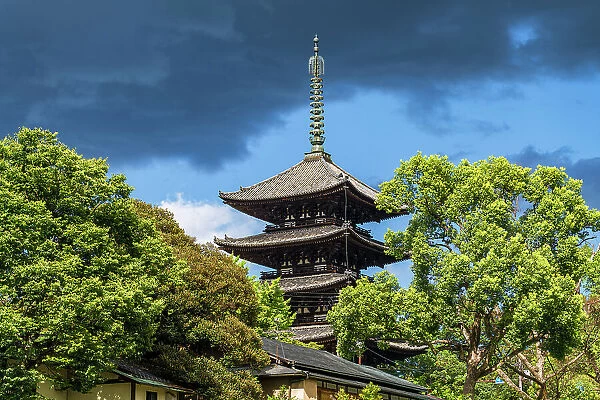 Kofukuji pagoda in Nara, stormy weather, Japan