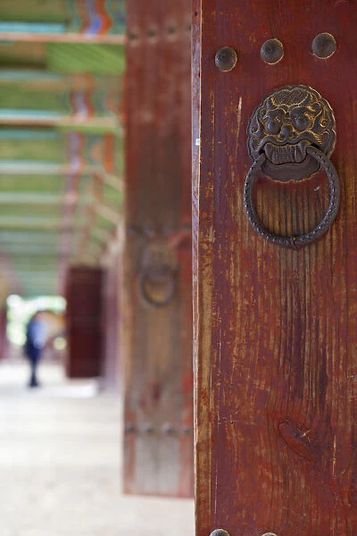 Korea, Gyeongsangbuk-do, Gyeongju, Bulguksa Temple, Bronze knocker on temple door