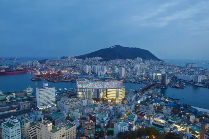 Framed Print : Korea, Gyeongsangnam-do, Busan, View of harbour and Lotte Tower from Busan Tower Framed Print : Korea, Gyeongsangnam-do, Busan, View of harbour and Lotte Tower from Busan Tower