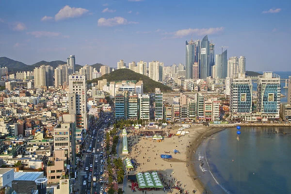 Korea, Gyeongsangnam-do, Busan, Gwangan - Gwangalli beach, Ariel view of Gwangalli
