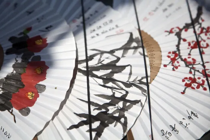Framed Print : Korea, Seoul, Korea, Seoul, Hand painted fans on street stall in Insa-Dong