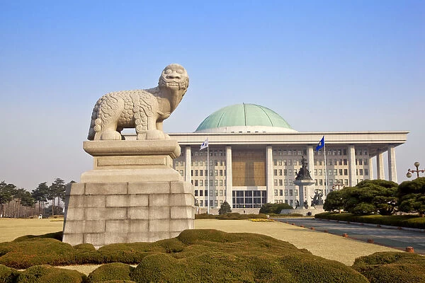 Korea, Seoul, Yeouido, Statue of stone lion, National Assembly building